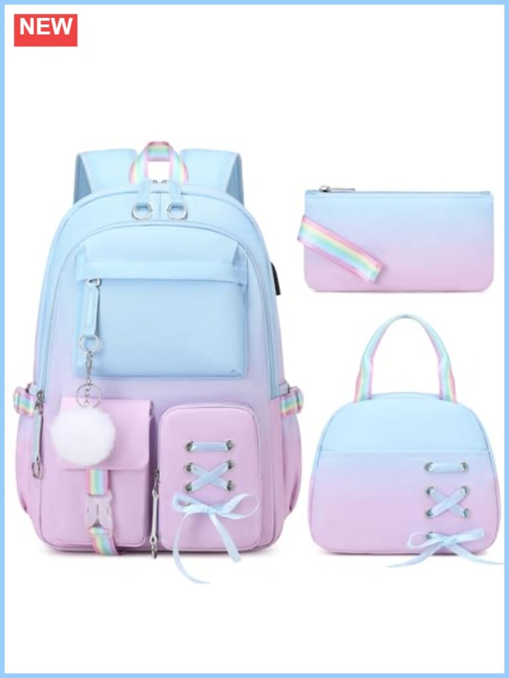 3Pc Girls Backpack Set Lunch Bag Pencil Case USB Charging Port